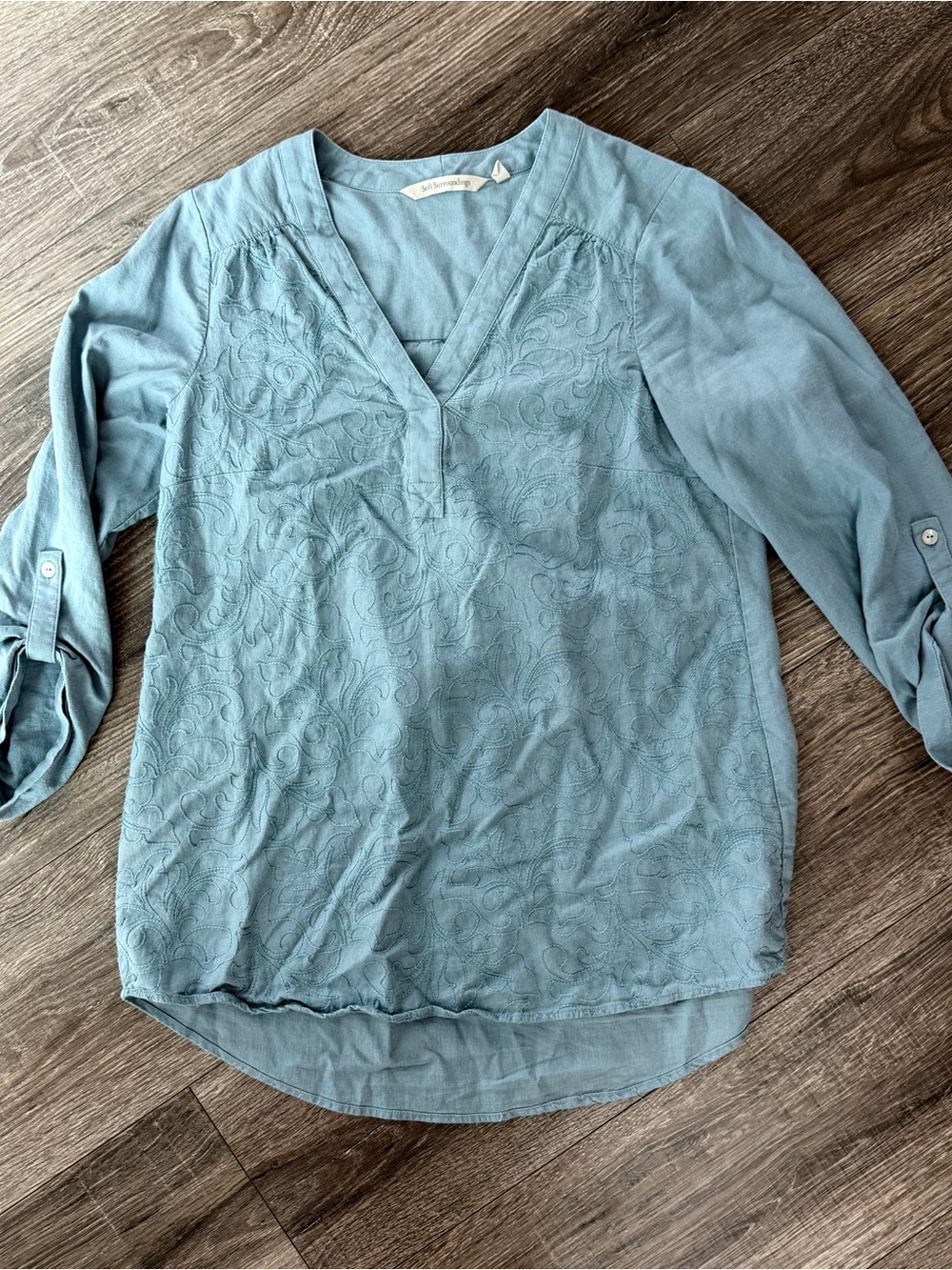 Soft Surroundings Dusty Blue Embroidered V-Neck Tunic